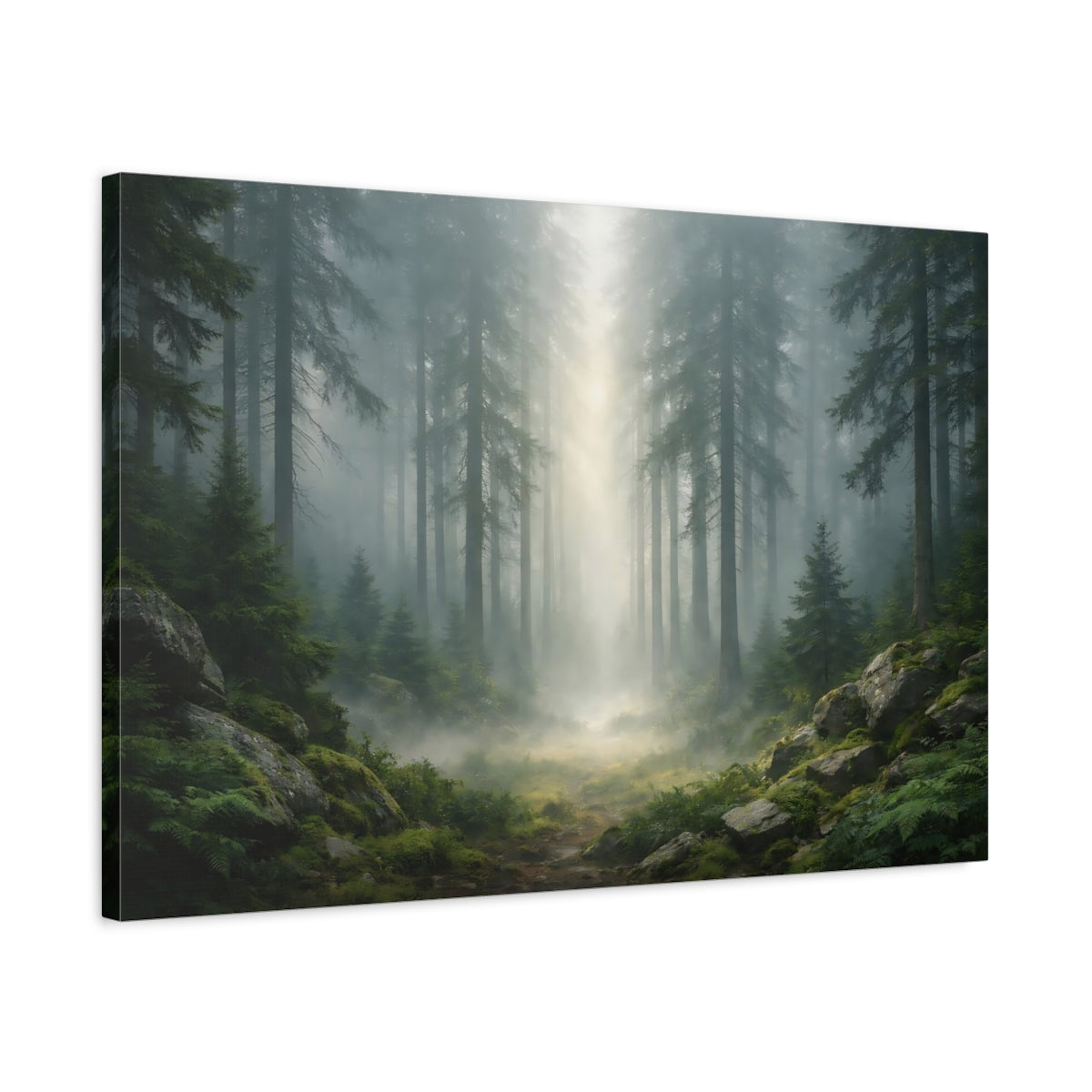 Side Mockup 2. Nature Pine Forest Misty Green Forest shown as stretched canvas wall art