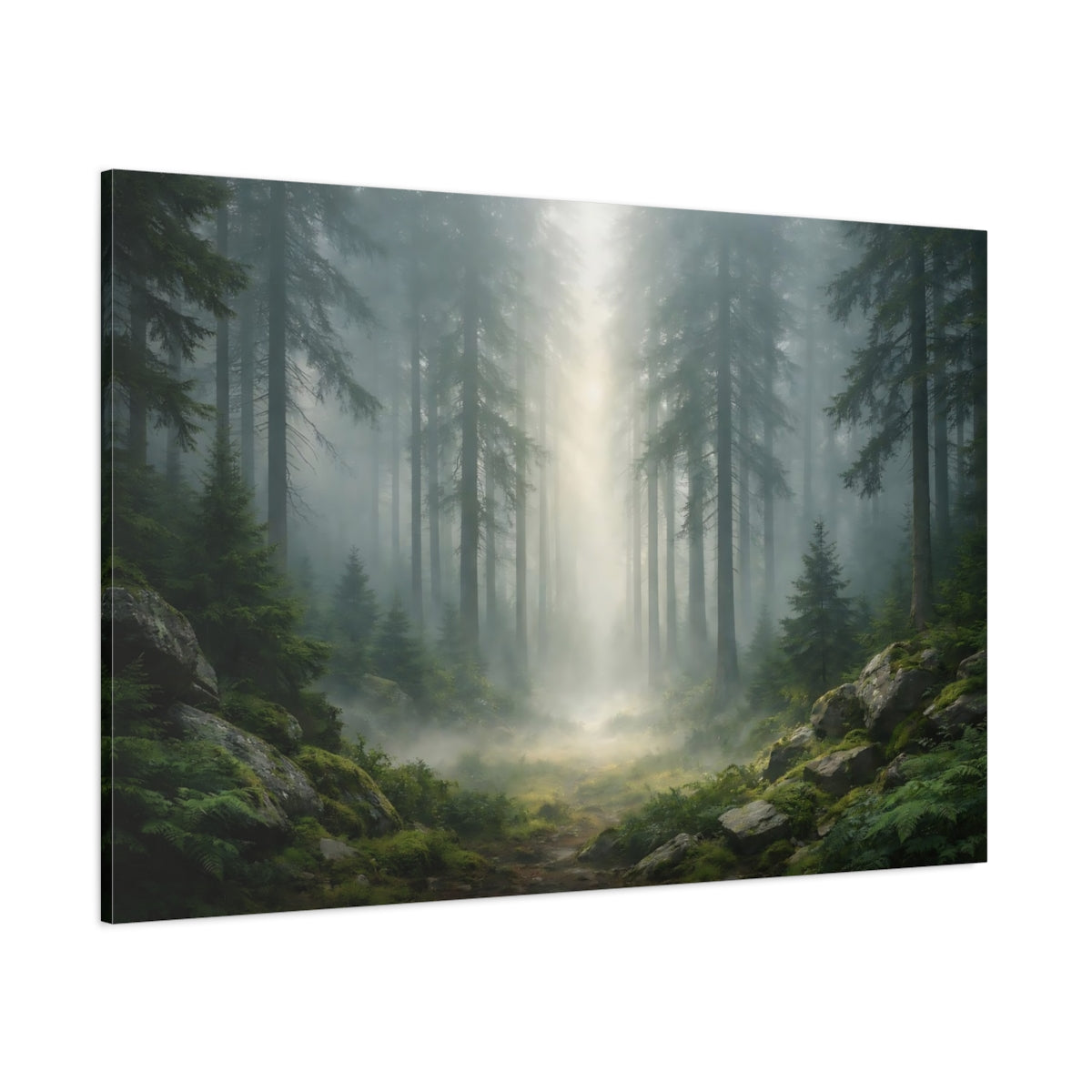 Main Mockup. Nature Pine Forest Misty Green Forest shown as stretched canvas wall art