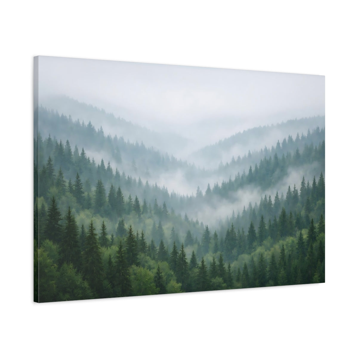 Main Mockup. Nature Pine Forest Misty Green Forest shown as stretched canvas wall art