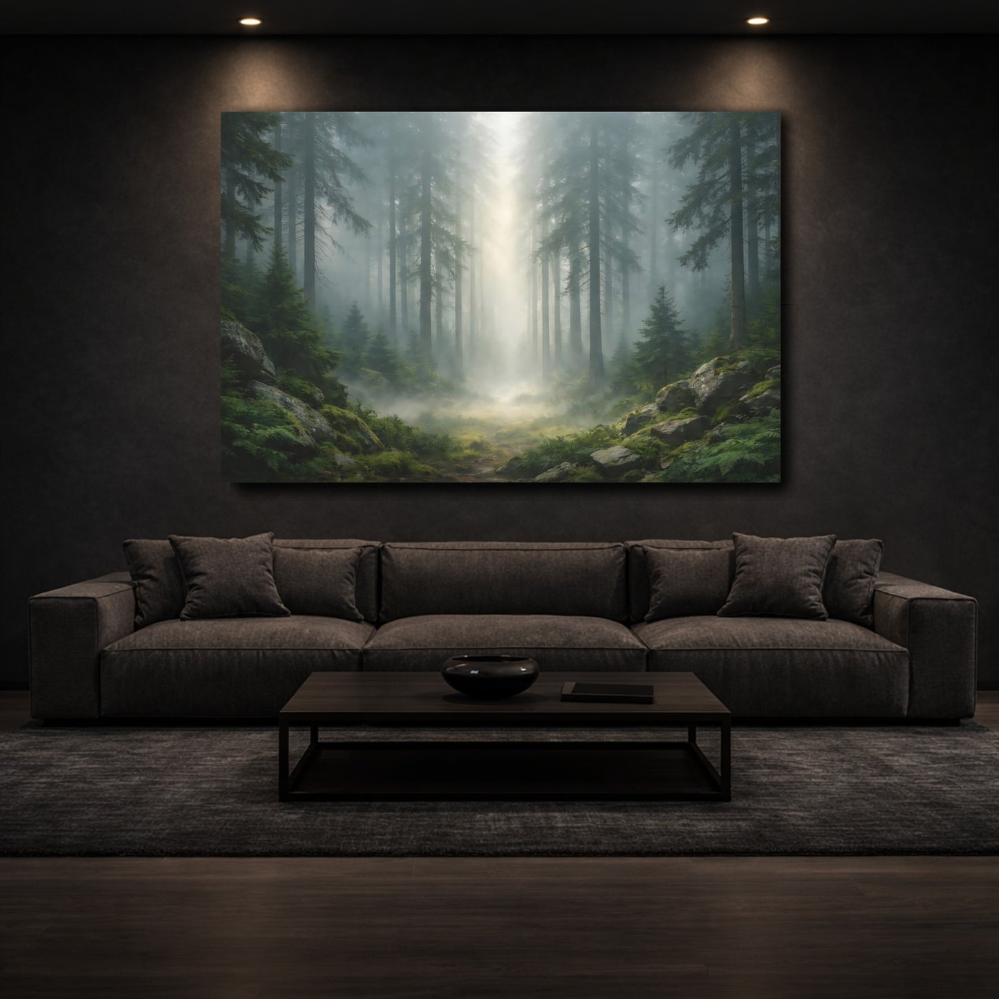 Mockup 2. Nature Pine Forest Misty Green Forest shown as stretched canvas wall art