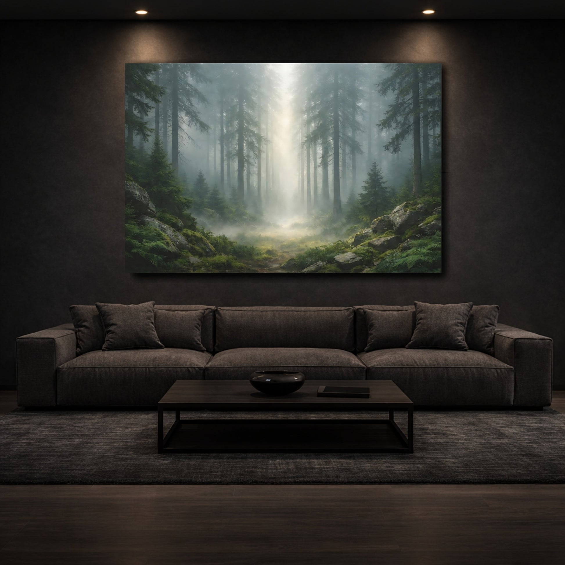 Mockup 2. Nature Pine Forest Misty Green Forest shown as stretched canvas wall art