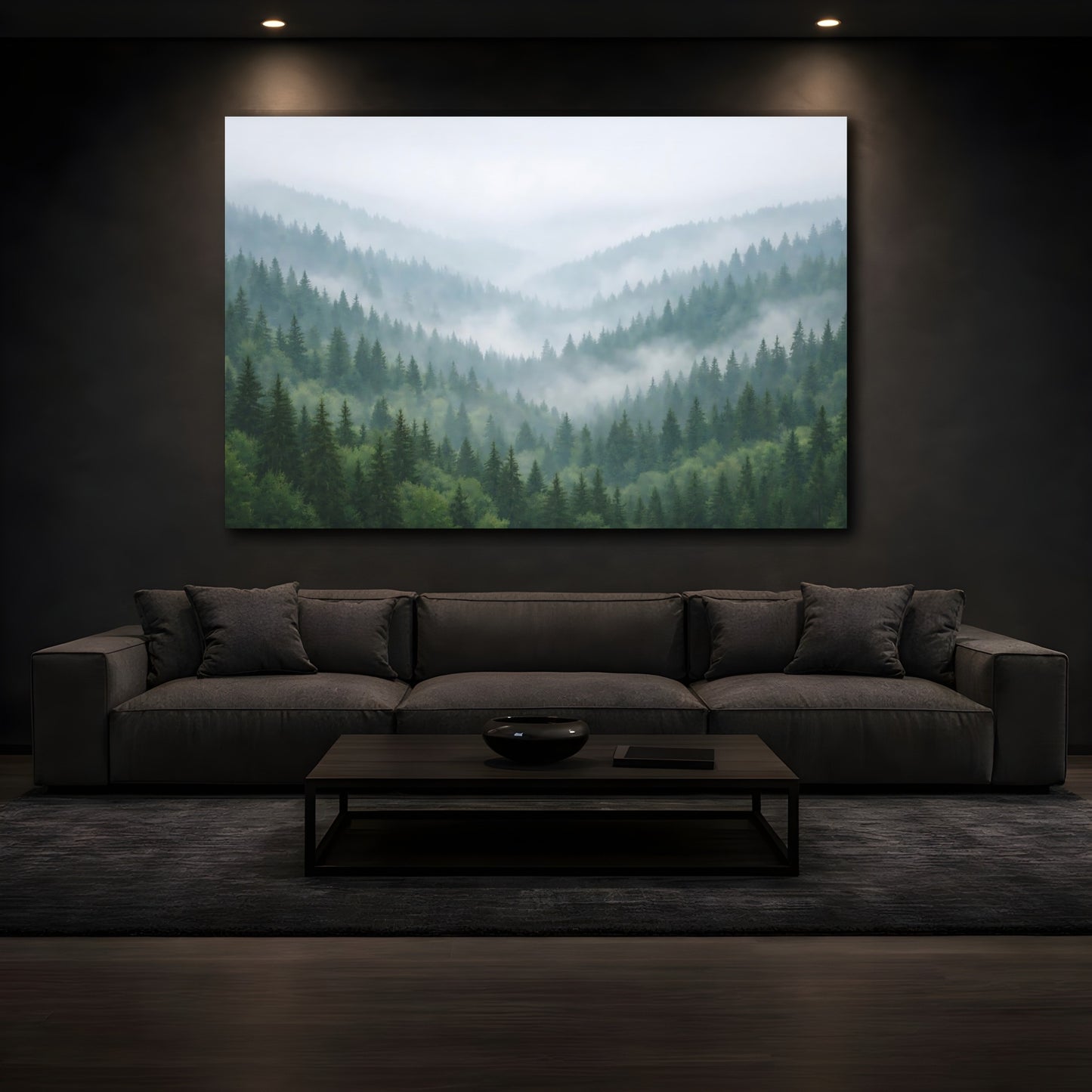 Mockup 2. Nature Pine Forest Misty Green Forest shown as stretched canvas wall art