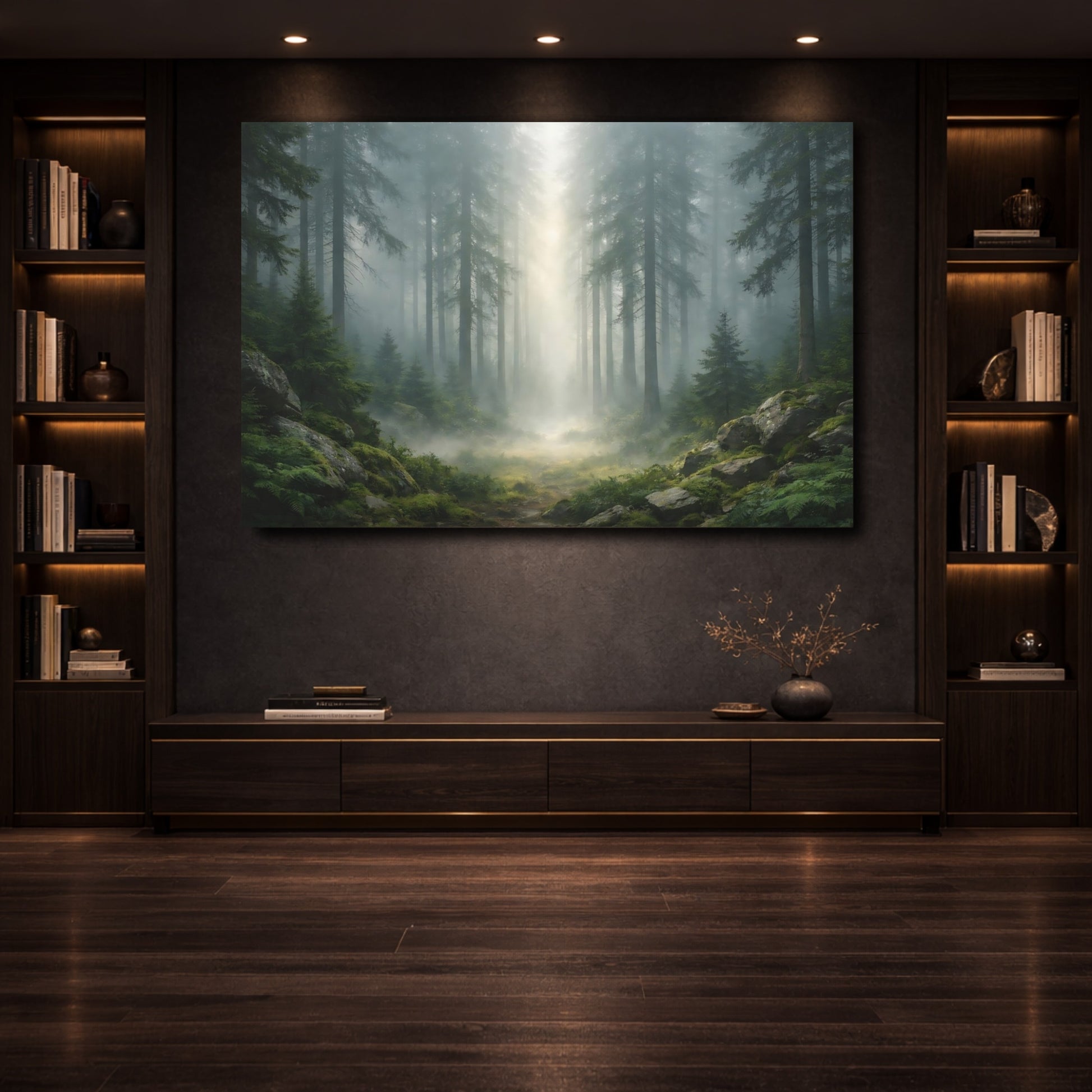 Mockup 3. Nature Pine Forest Misty Green Forest shown as stretched canvas wall art