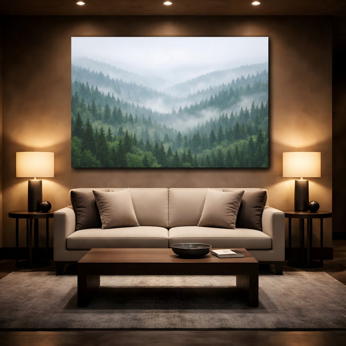 Mockup 3. Nature Pine Forest Misty Green Forest shown as stretched canvas wall art