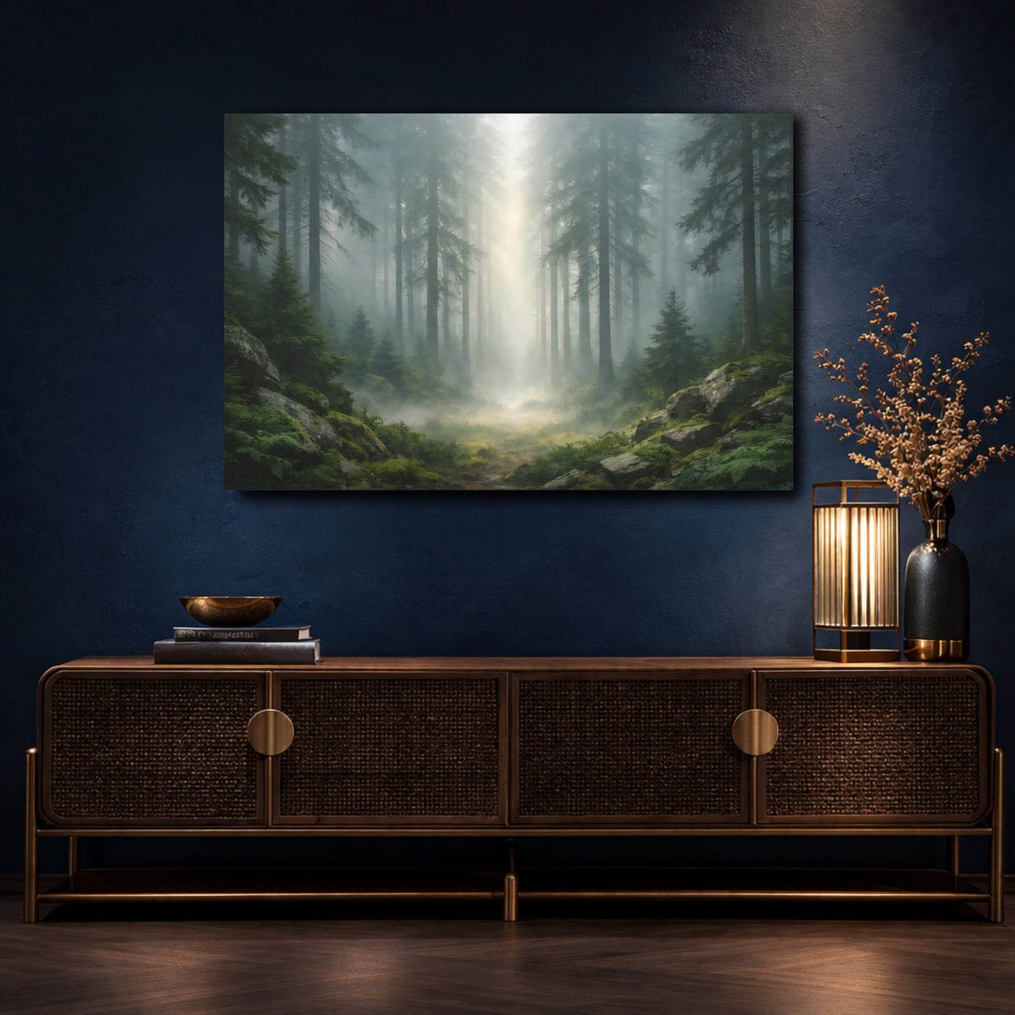 Mockup 4. Nature Pine Forest Misty Green Forest shown as stretched canvas wall art