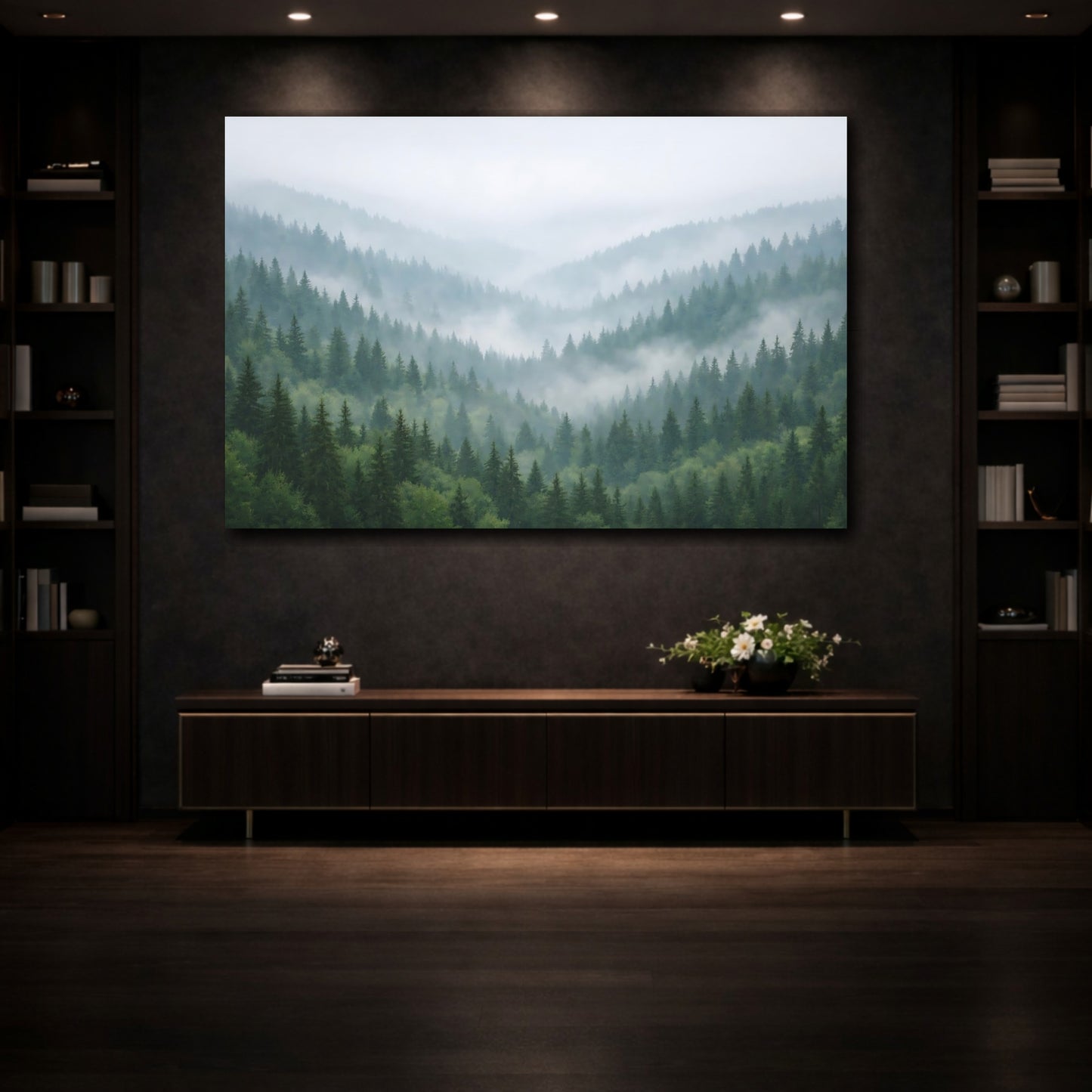 Mockup 4. Nature Pine Forest Misty Green Forest shown as stretched canvas wall art