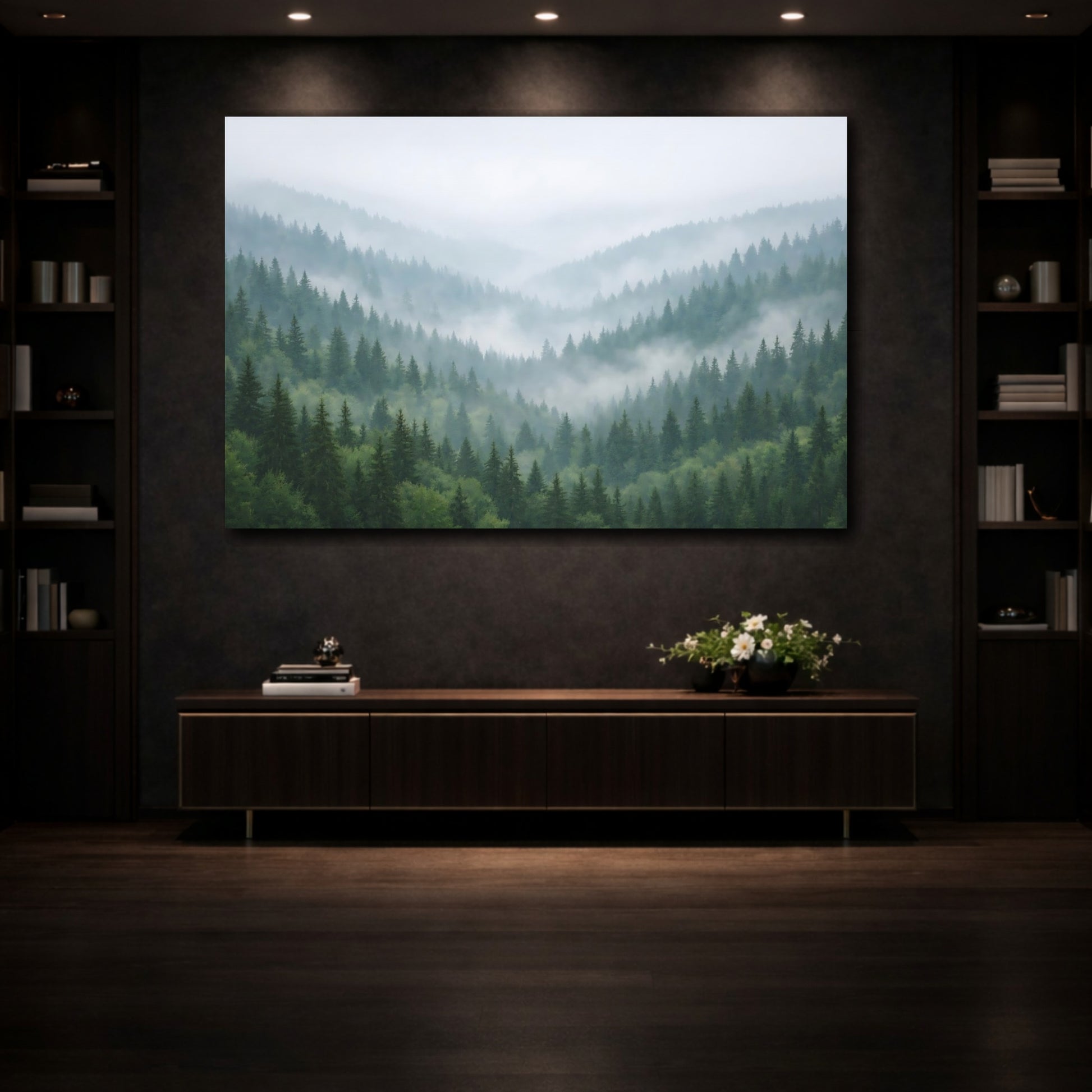 Mockup 4. Nature Pine Forest Misty Green Forest shown as stretched canvas wall art