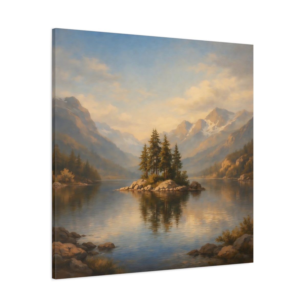 Main Mockup. Nature Pine Island Blue Gold Landscape shown as stretched canvas wall art