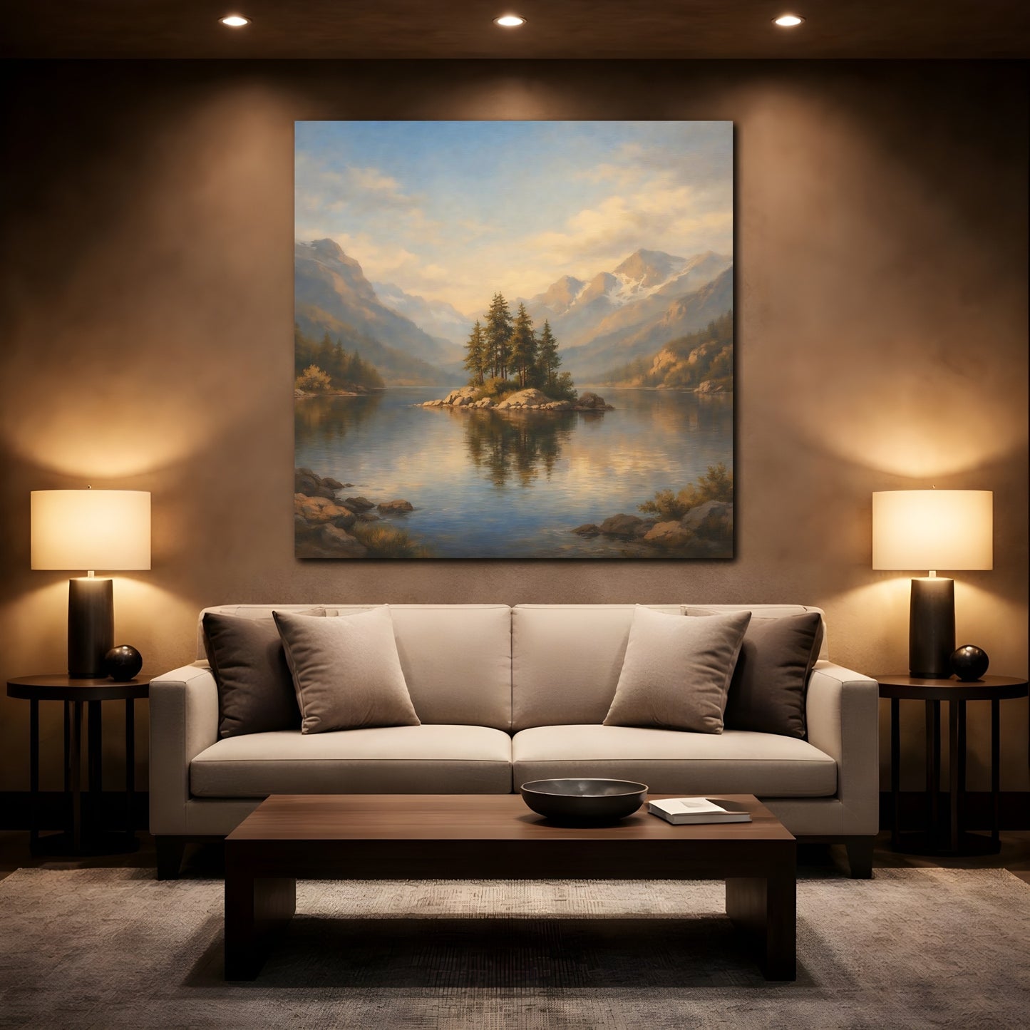 Mockup 2. Nature Pine Island Blue Gold Landscape shown as stretched canvas wall art
