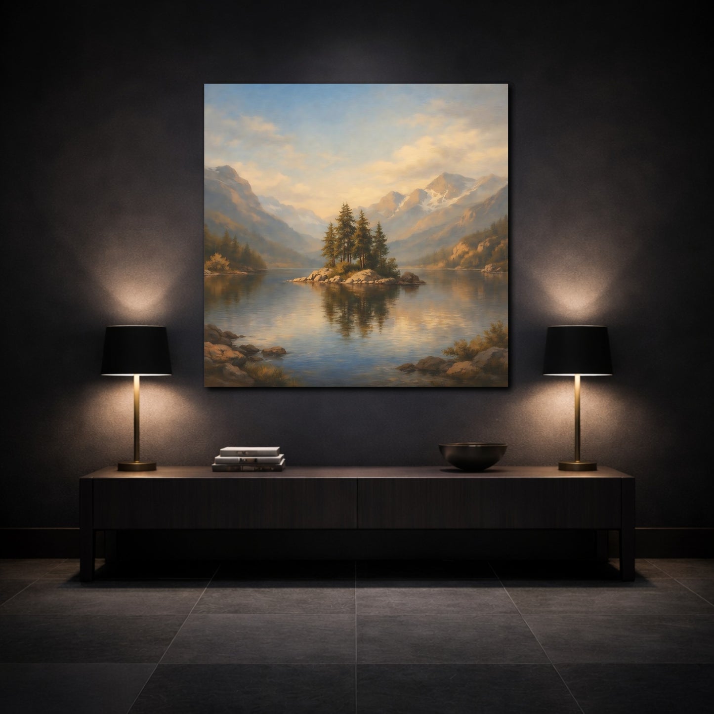 Mockup 3. Nature Pine Island Blue Gold Landscape shown as stretched canvas wall art