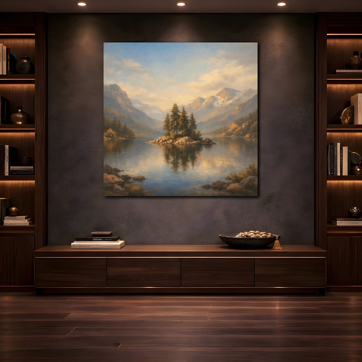 Mockup 4. Nature Pine Island Blue Gold Landscape shown as stretched canvas wall art