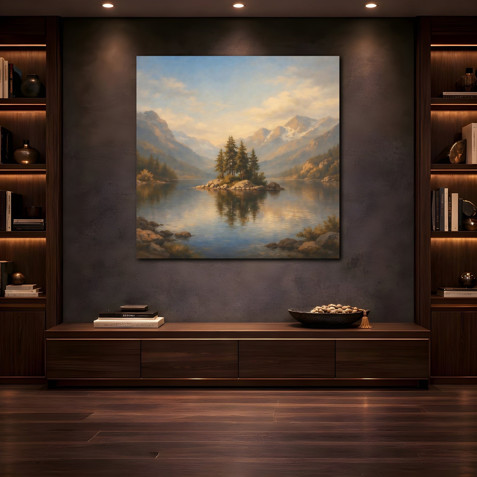 Mockup 4. Nature Pine Island Blue Gold Landscape shown as stretched canvas wall art