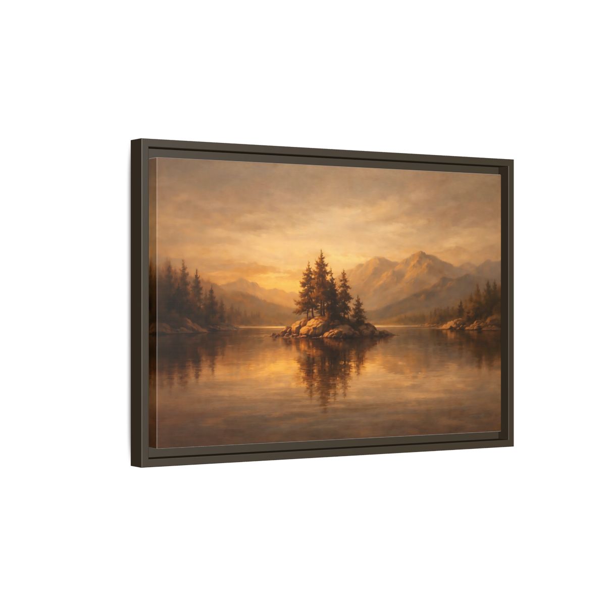 Side Mockup 2. Nature Pine Island Brown And Gold shown as stretched canvas wall art