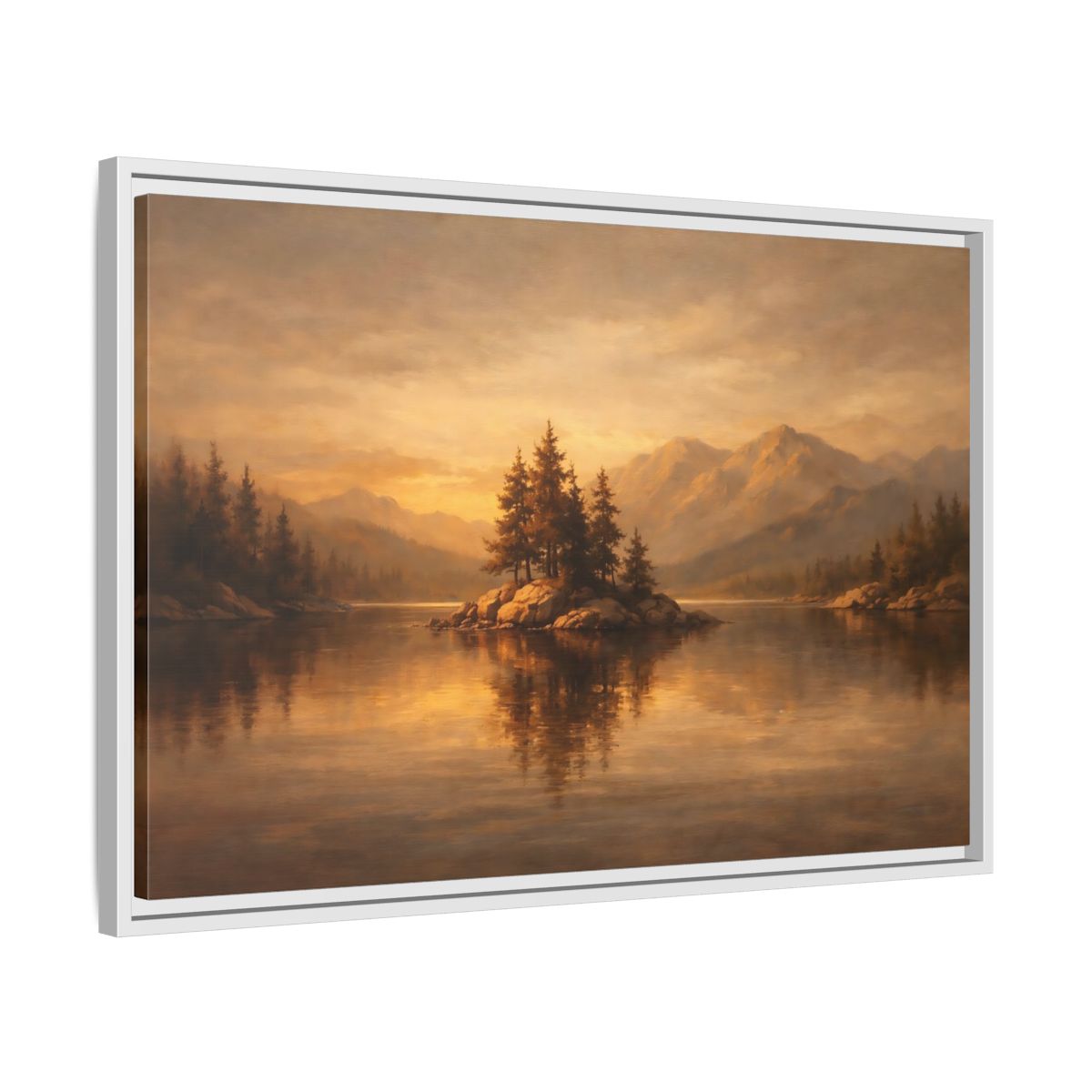 Side Mockup 10. Nature Pine Island Brown And Gold shown as stretched canvas wall art
