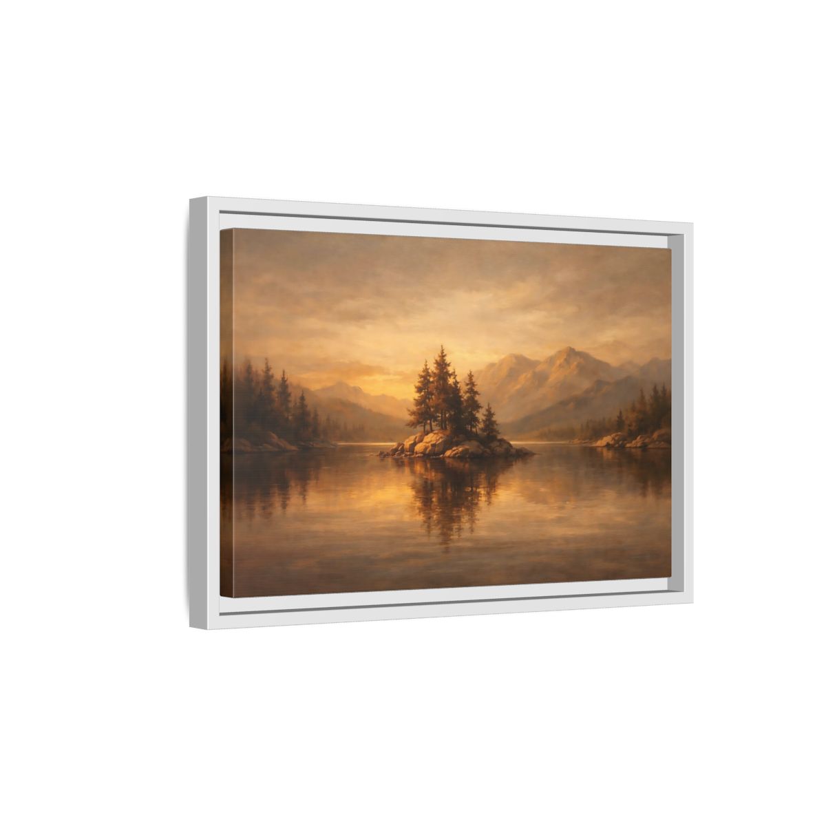 Side Mockup 4. Nature Pine Island Brown And Gold shown as stretched canvas wall art