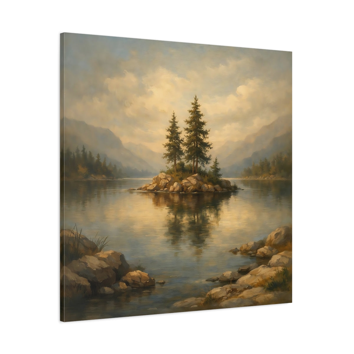 Main Mockup. Nature Pine Island Earthy Lake Scene shown as stretched canvas wall art