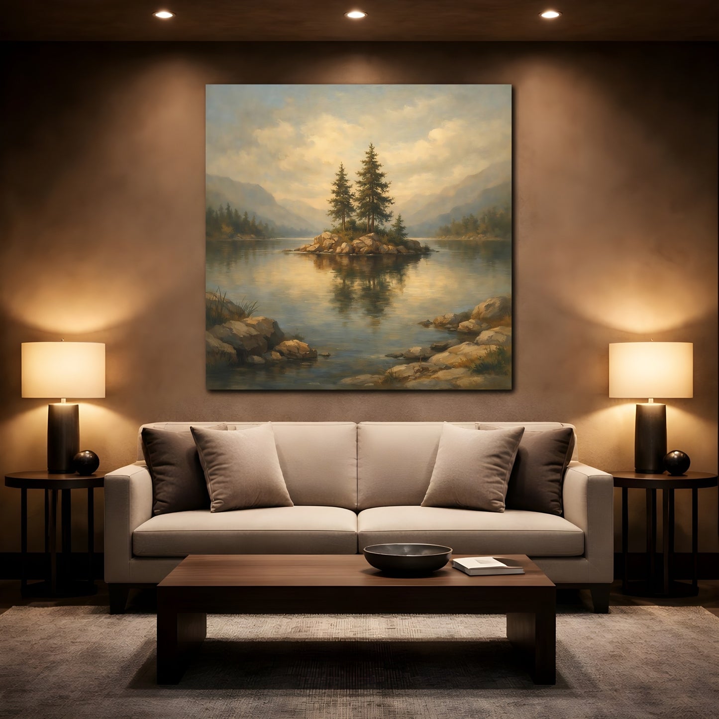 Mockup 2. Nature Pine Island Earthy Lake Scene shown as stretched canvas wall art