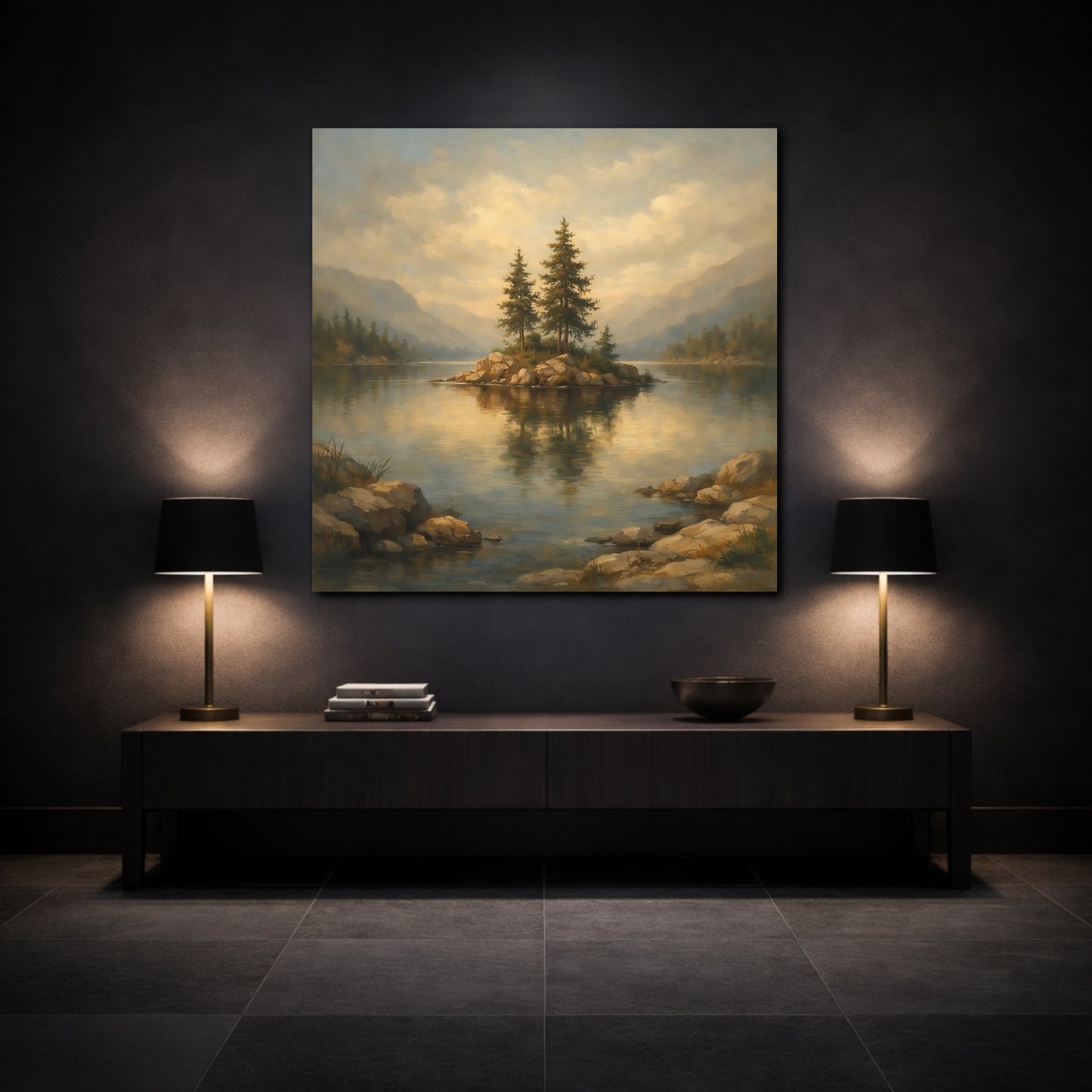 Mockup 3. Nature Pine Island Earthy Lake Scene shown as stretched canvas wall art