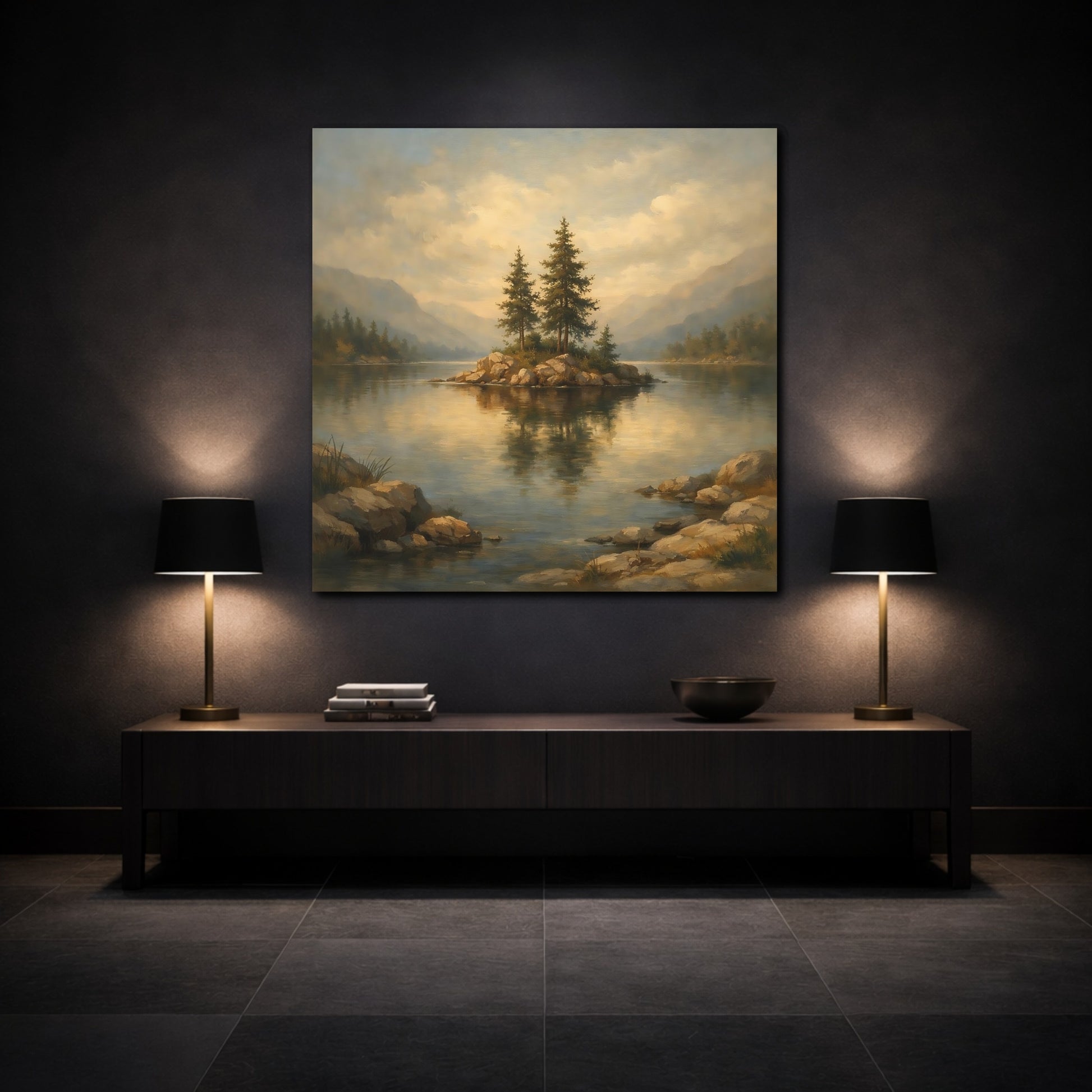 Mockup 3. Nature Pine Island Earthy Lake Scene shown as stretched canvas wall art