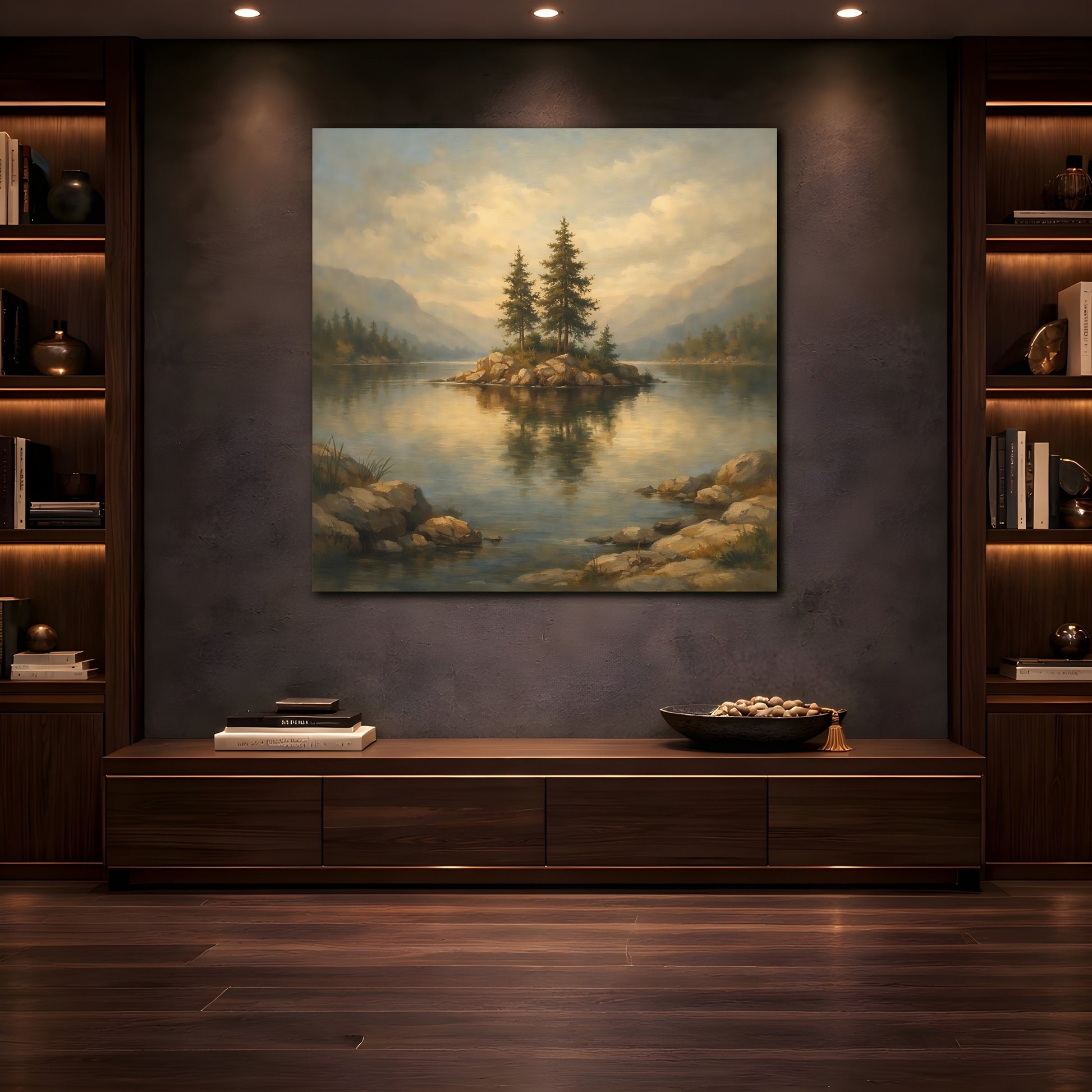 Mockup 4. Nature Pine Island Earthy Lake Scene shown as stretched canvas wall art