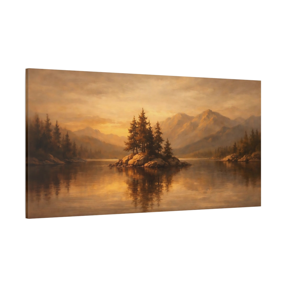 Main Mockup. Nature Pine Island Golden Lake Landscape shown as stretched canvas wall art