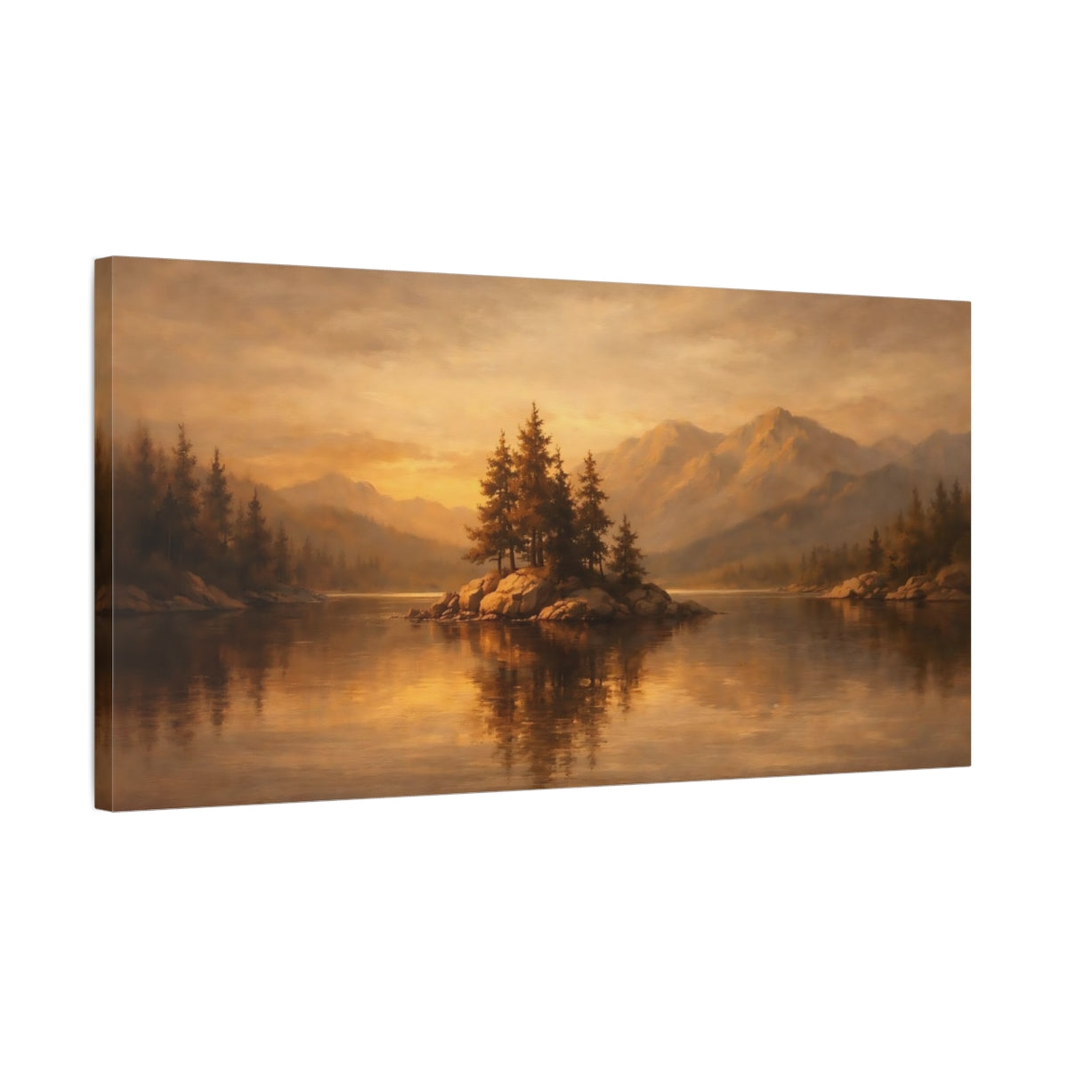Side Mockup 2. Nature Pine Island Golden Lake Landscape shown as stretched canvas wall art