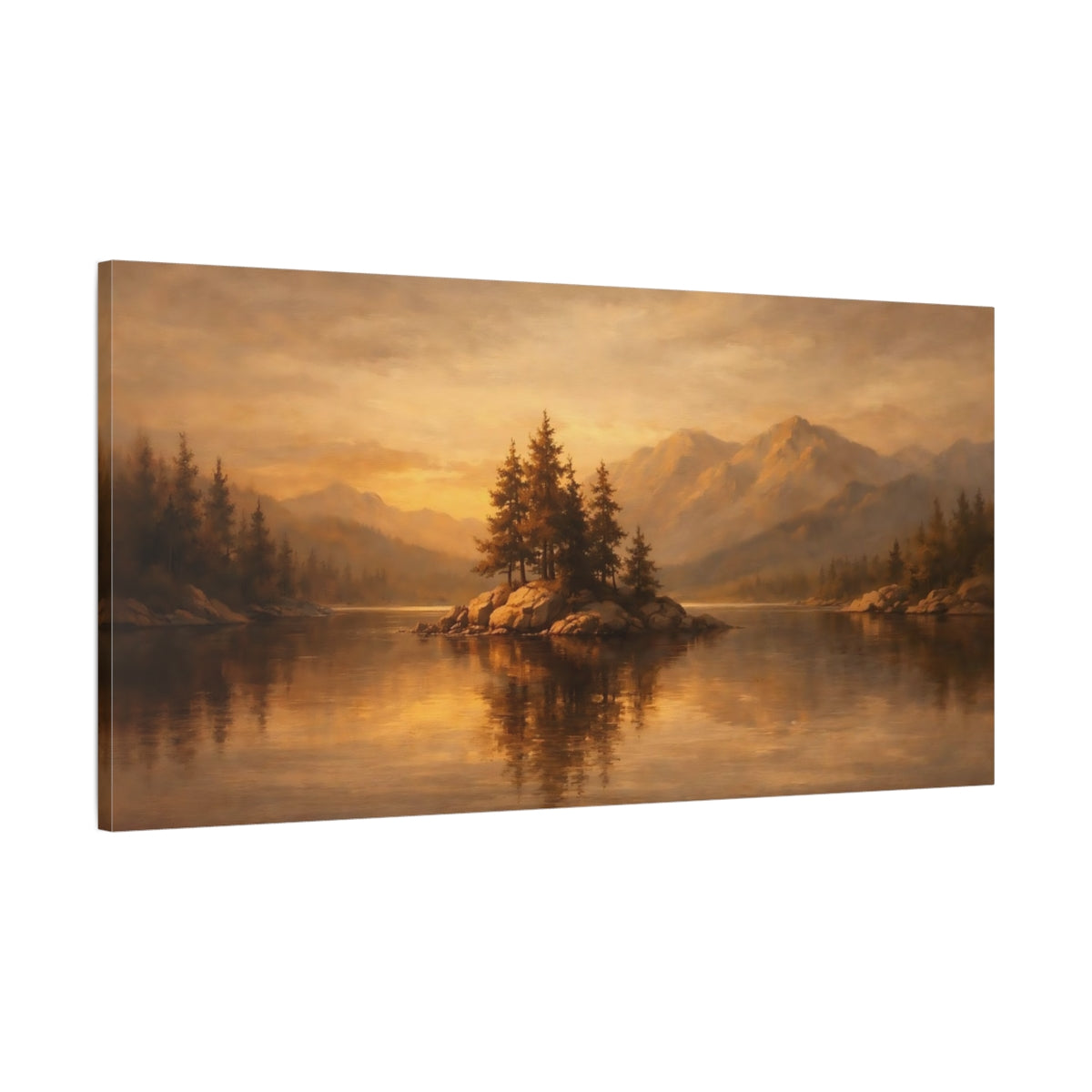 Side Mockup 1. Nature Pine Island Golden Lake Landscape shown as stretched canvas wall art