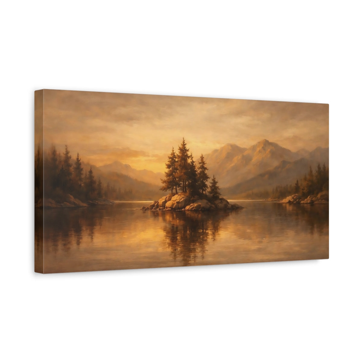 Side Mockup 3. Nature Pine Island Golden Lake Landscape shown as stretched canvas wall art