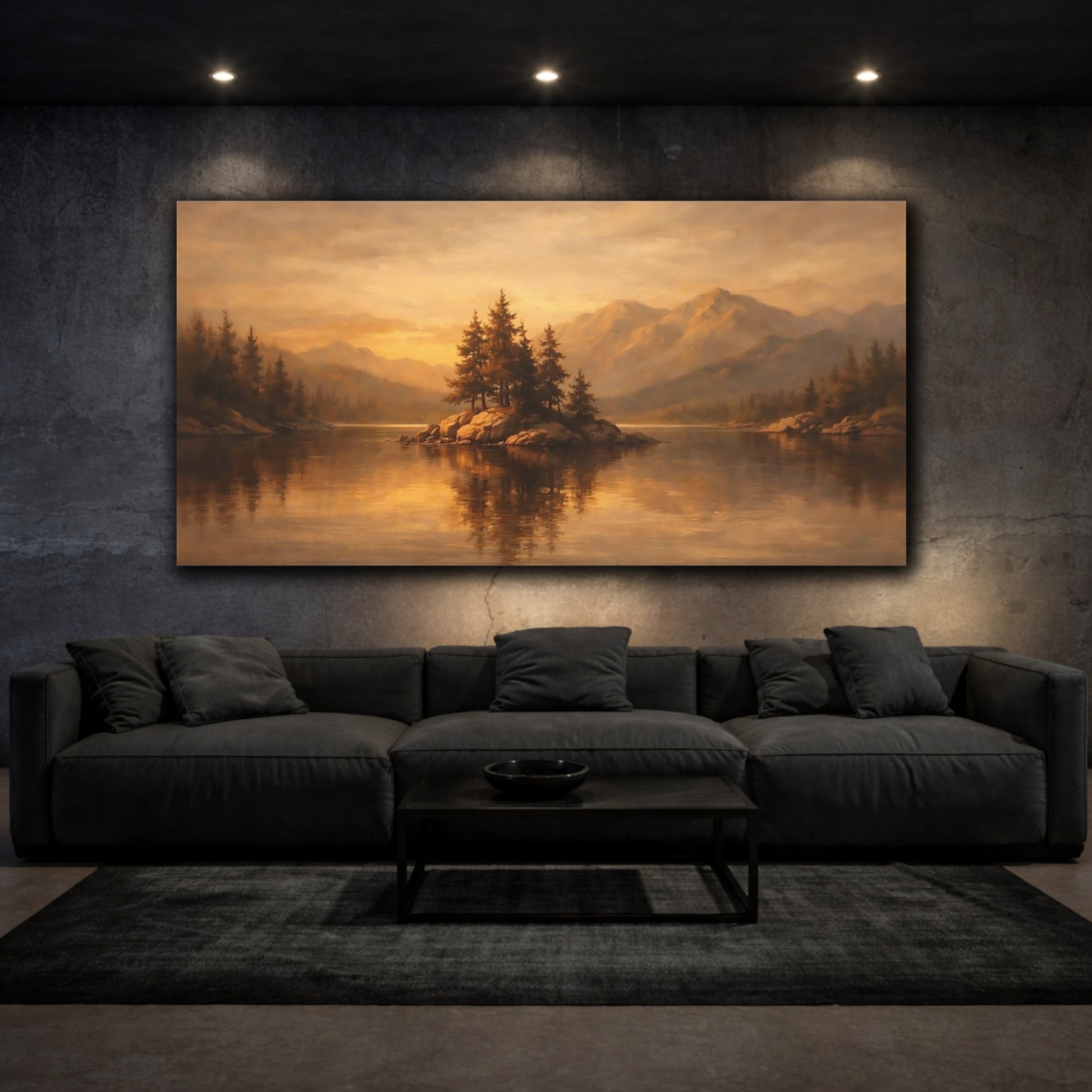 Mockup 2. Nature Pine Island Golden Lake Landscape shown as stretched canvas wall art