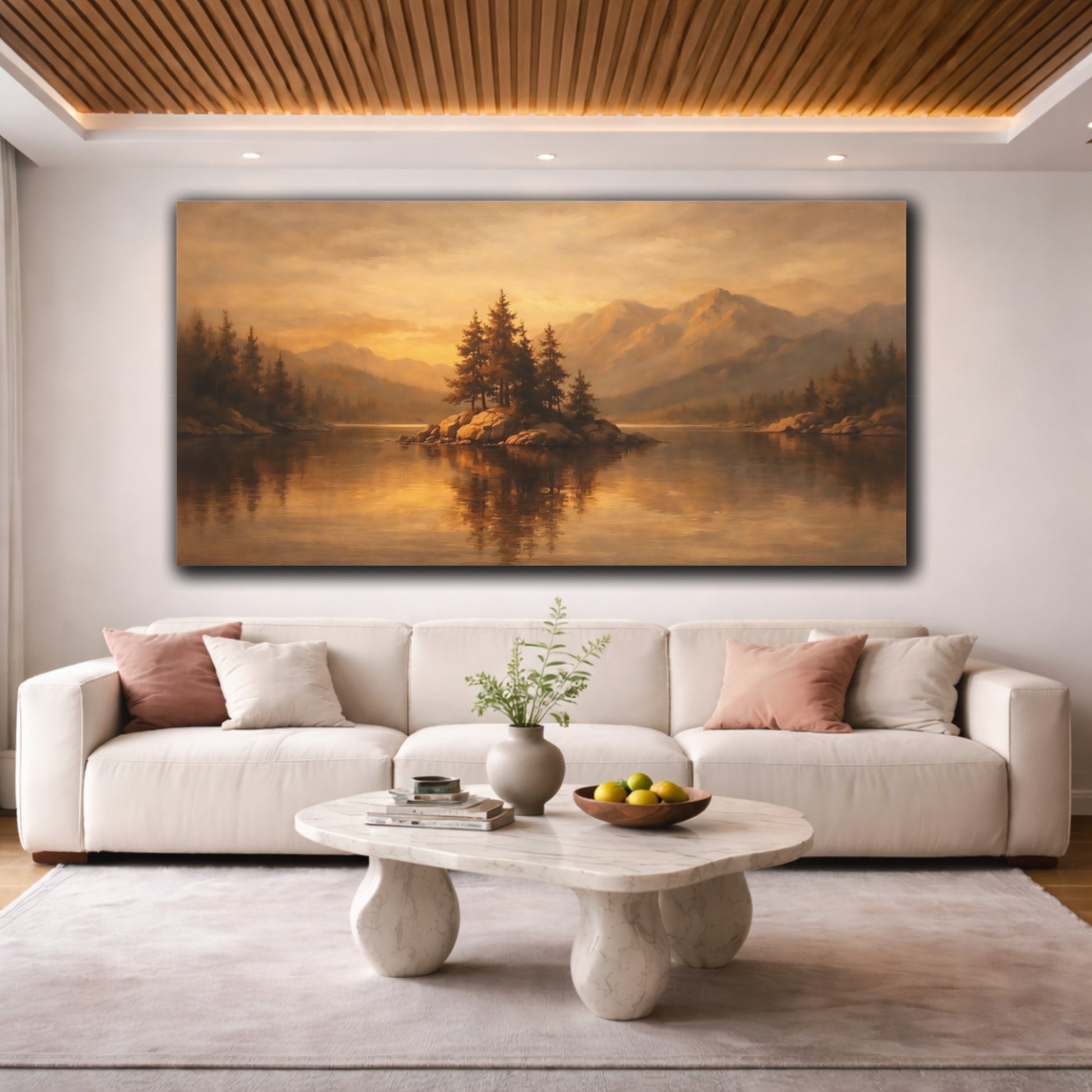 Mockup 3. Nature Pine Island Golden Lake Landscape shown as stretched canvas wall art