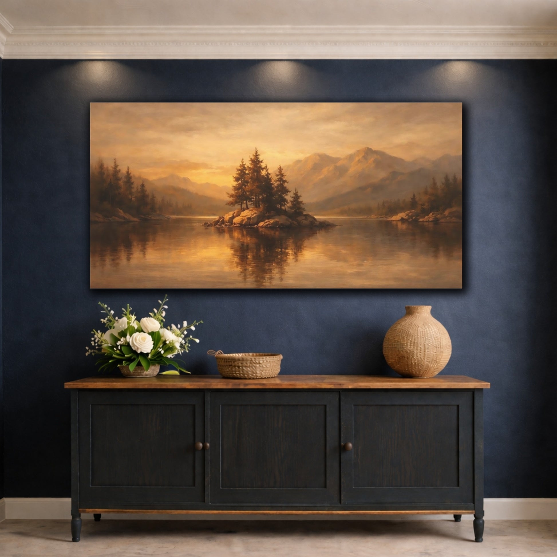 Mockup 4. Nature Pine Island Golden Lake Landscape shown as stretched canvas wall art