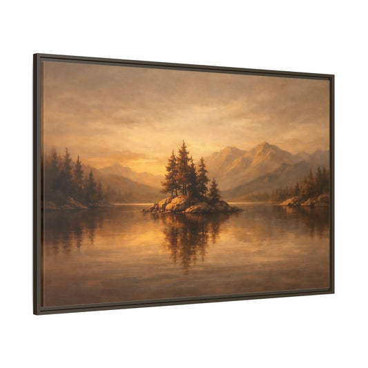Main Mockup. Nature Pine Island Golden Landscape shown as stretched canvas wall art
