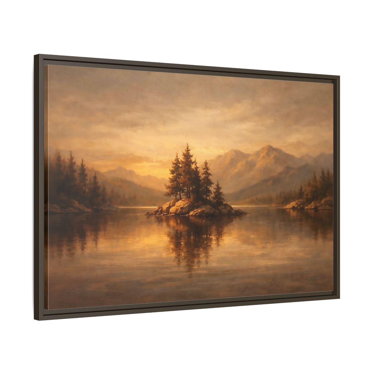 Side Mockup 9. Nature Pine Island Golden Landscape shown as stretched canvas wall art