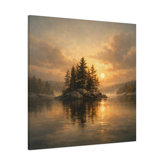 Main Mockup. Nature Pine Island Golden Sunset Island shown as stretched canvas wall art