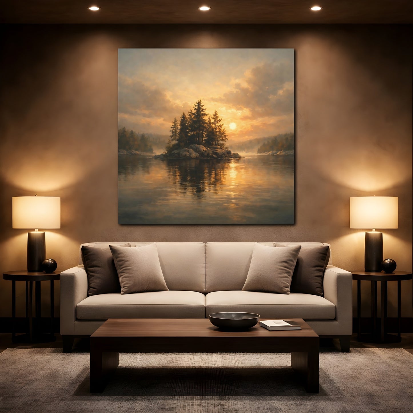 Mockup 2. Nature Pine Island Golden Sunset Island shown as stretched canvas wall art