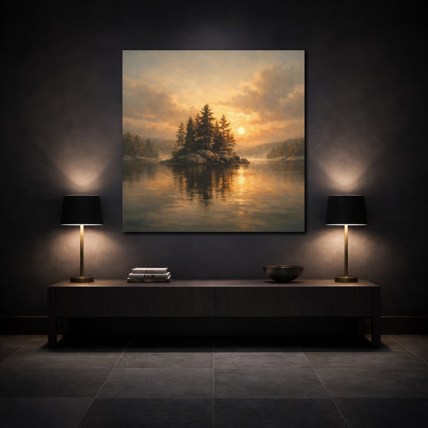 Mockup 3. Nature Pine Island Golden Sunset Island shown as stretched canvas wall art