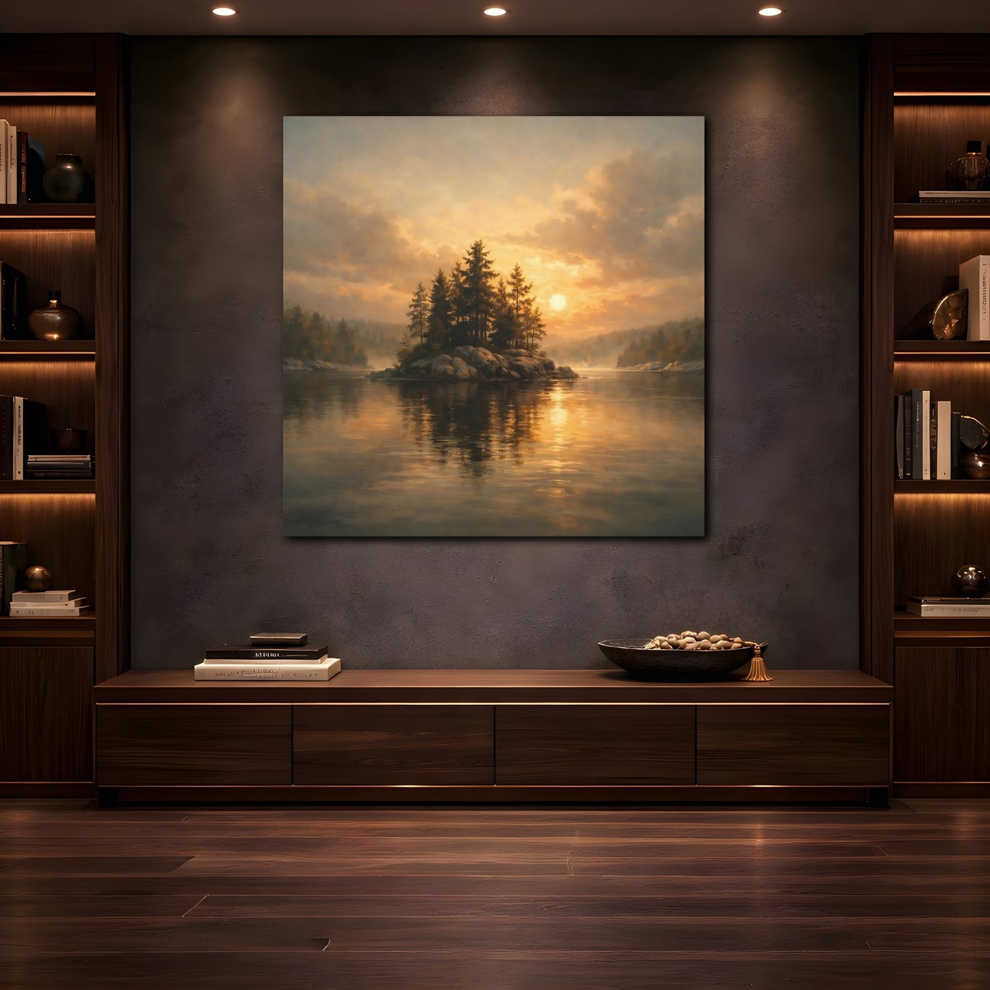 Mockup 4. Nature Pine Island Golden Sunset Island shown as stretched canvas wall art