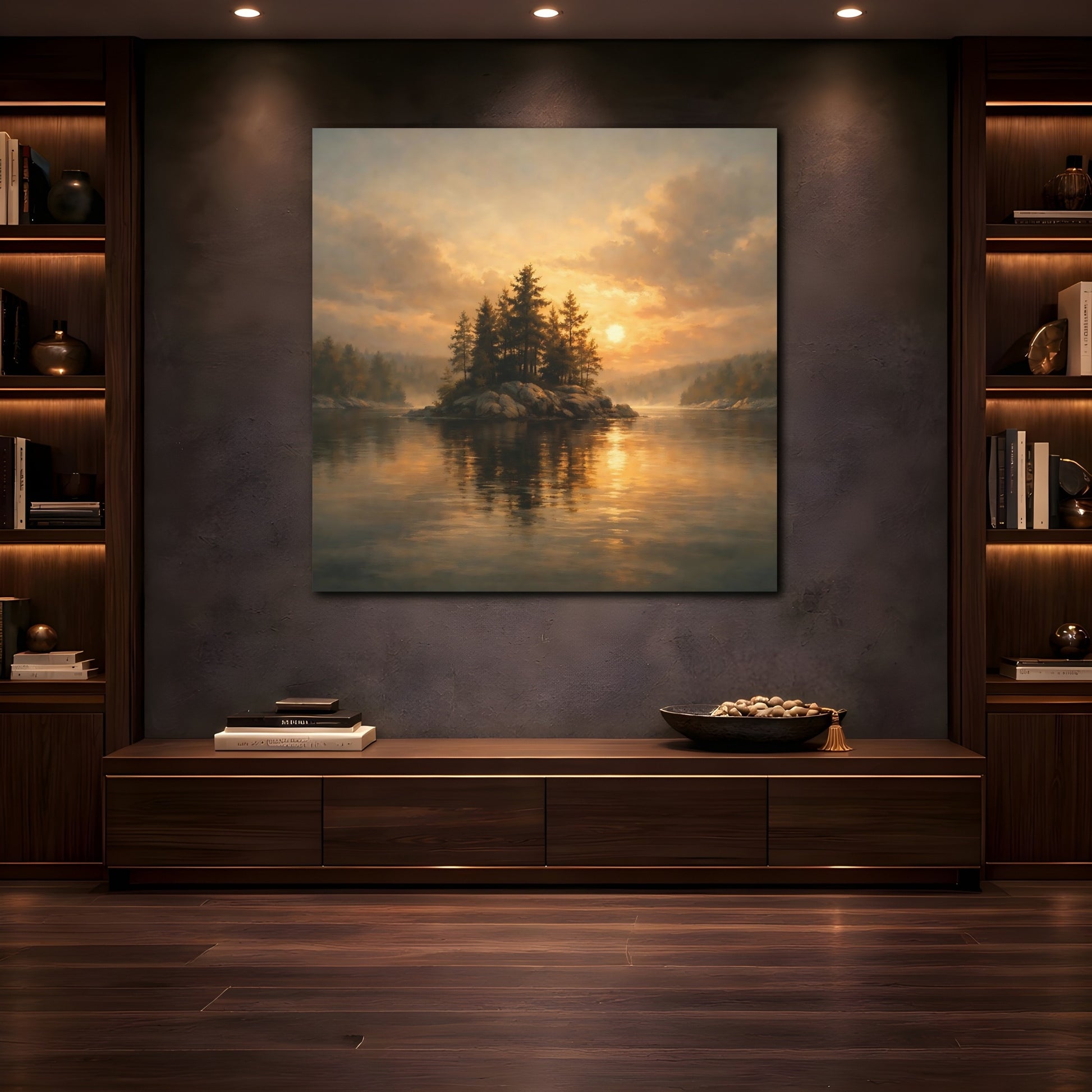 Mockup 4. Nature Pine Island Golden Sunset Island shown as stretched canvas wall art