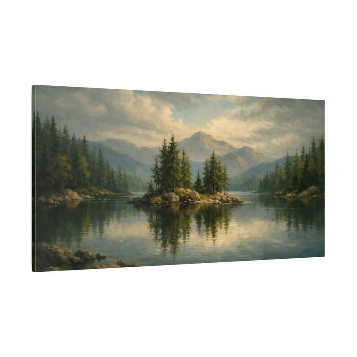 Main Mockup. Nature Pine Island Green Lake shown as stretched canvas wall art