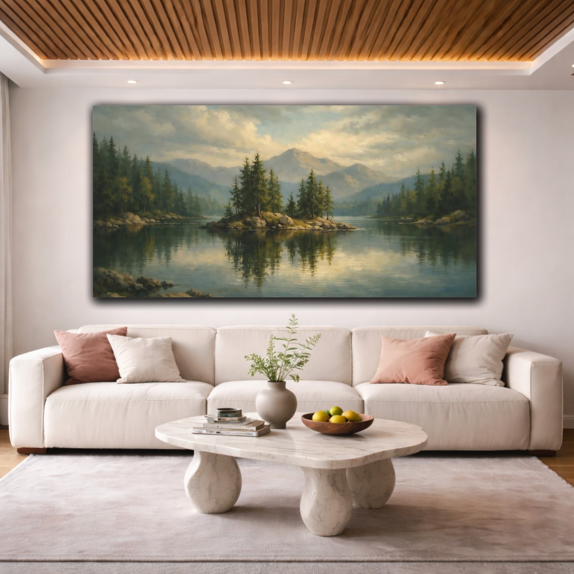 Mockup 3. Nature Pine Island Green Lake shown as stretched canvas wall art
