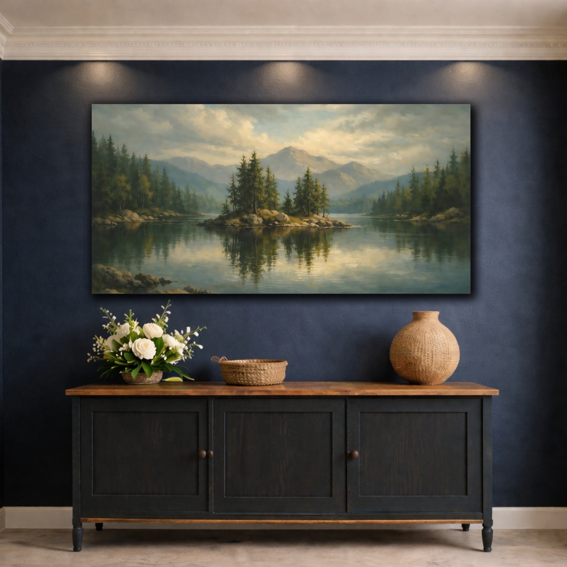 Mockup 4. Nature Pine Island Green Lake shown as stretched canvas wall art