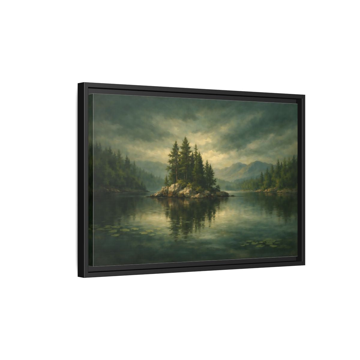 Side Mockup 3. Nature Pine Island Lake Island Green shown as stretched canvas wall art