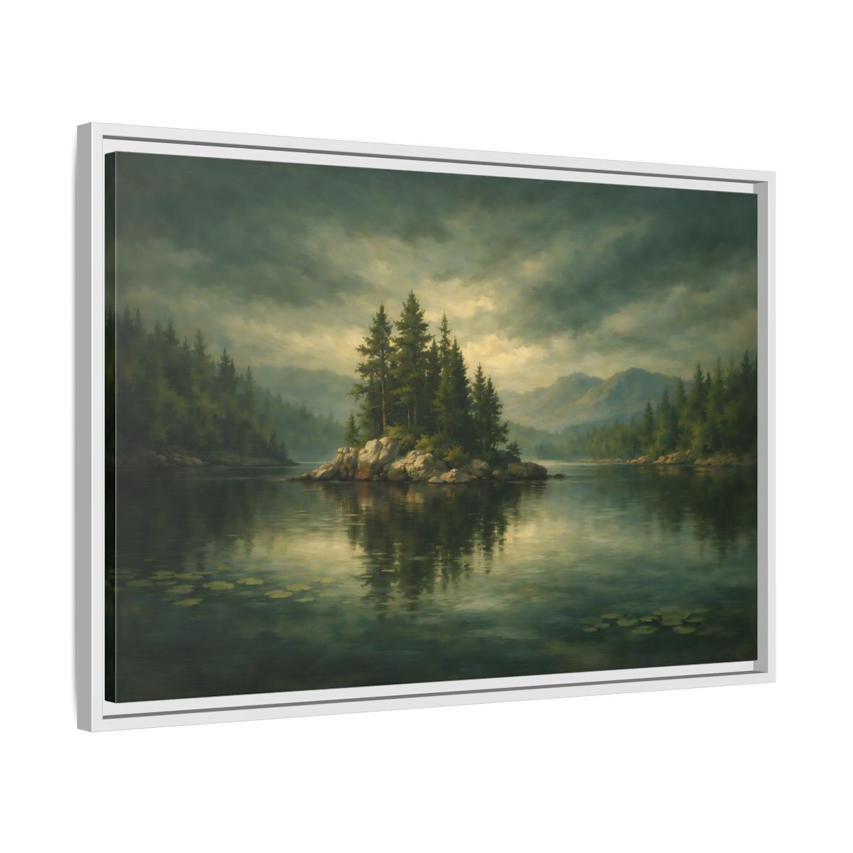 Side Mockup 10. Nature Pine Island Lake Island Green shown as stretched canvas wall art