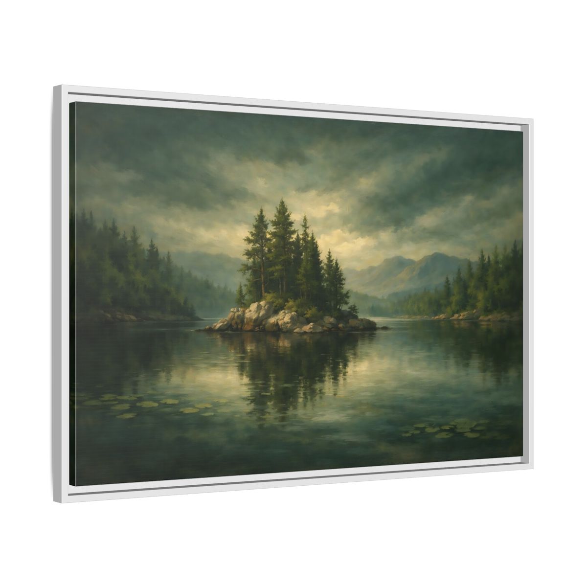 Side Mockup 8. Nature Pine Island Lake Island Green shown as stretched canvas wall art