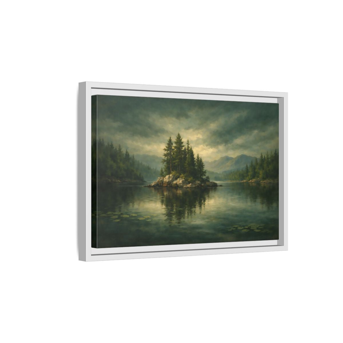 Side Mockup 4. Nature Pine Island Lake Island Green shown as stretched canvas wall art