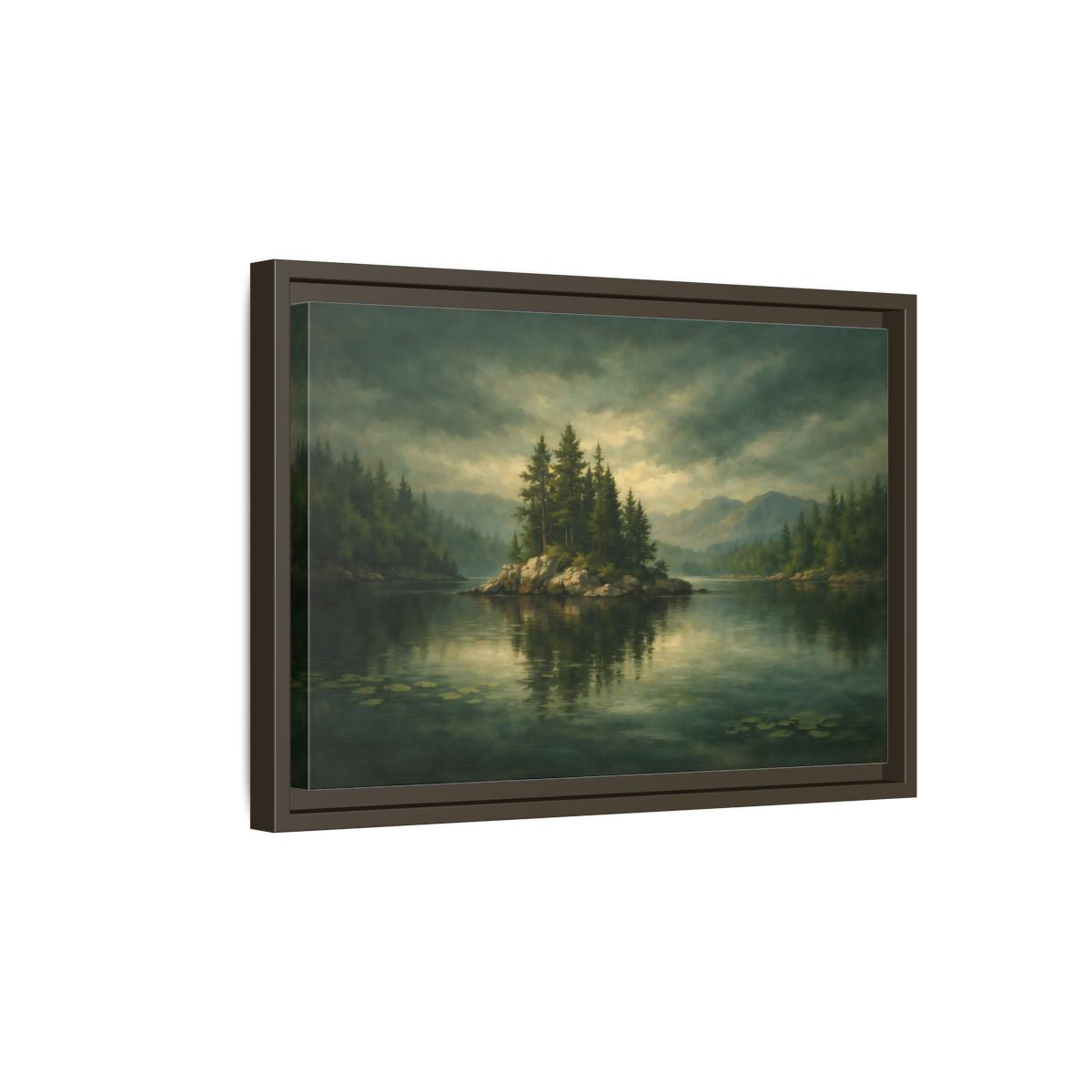 Side Mockup 5. Nature Pine Island Lake Island Green shown as stretched canvas wall art