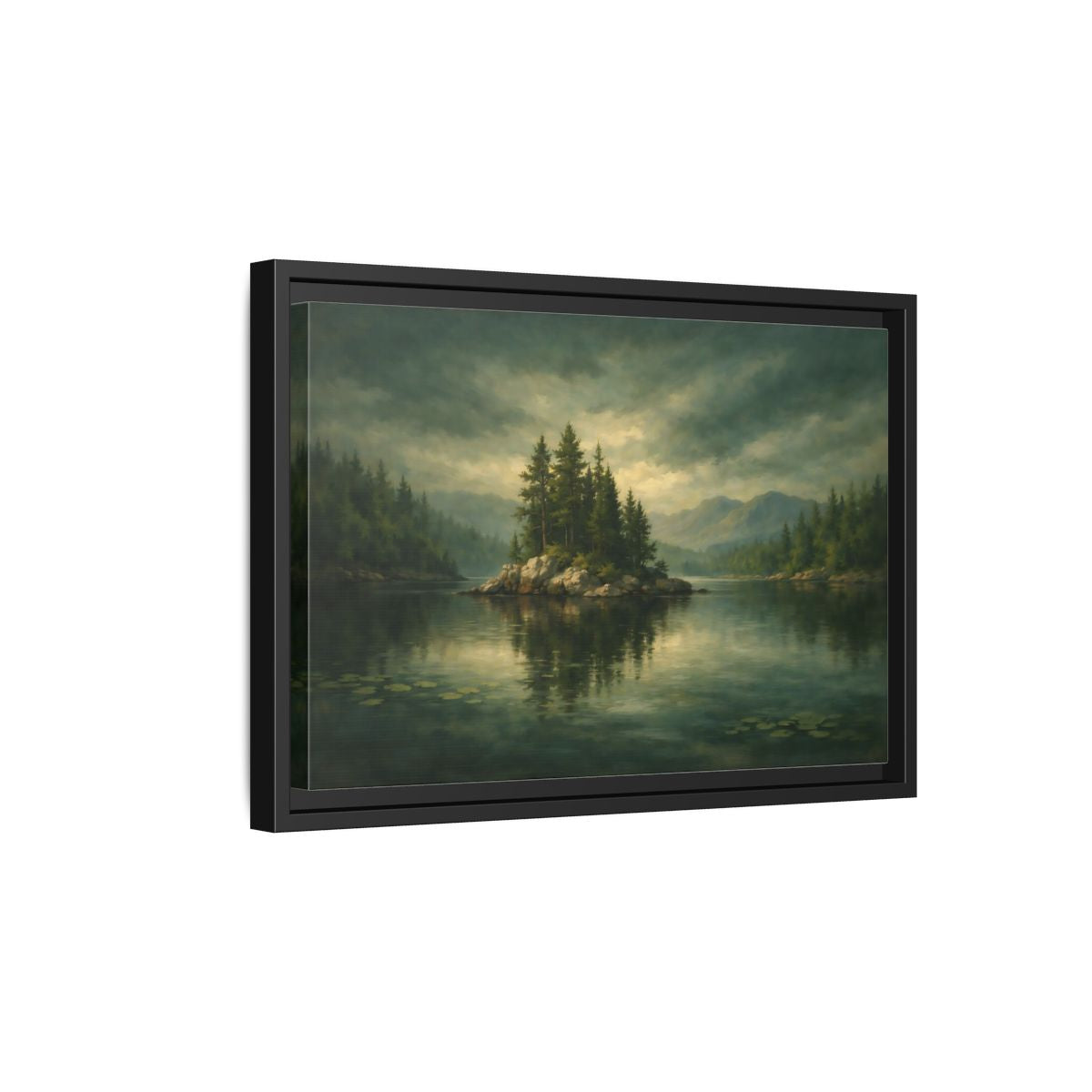 Side Mockup 6. Nature Pine Island Lake Island Green shown as stretched canvas wall art