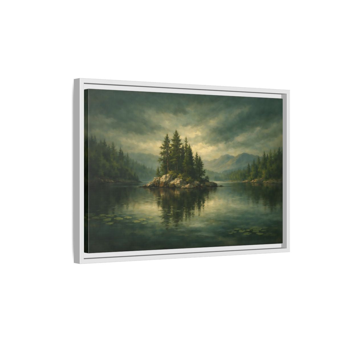 Side Mockup 1. Nature Pine Island Lake Island Green shown as stretched canvas wall art