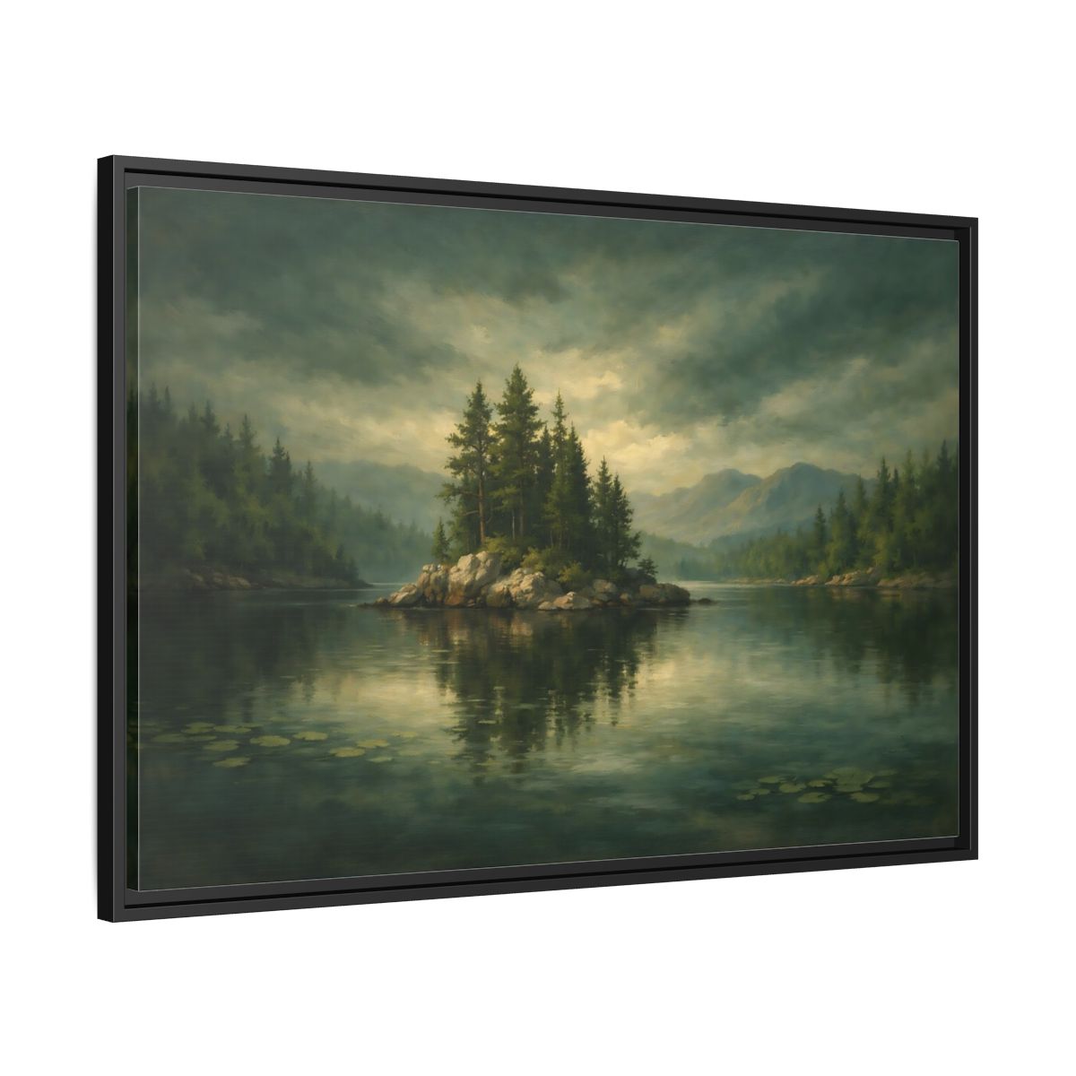 Side Mockup 13. Nature Pine Island Lake Island Green shown as stretched canvas wall art