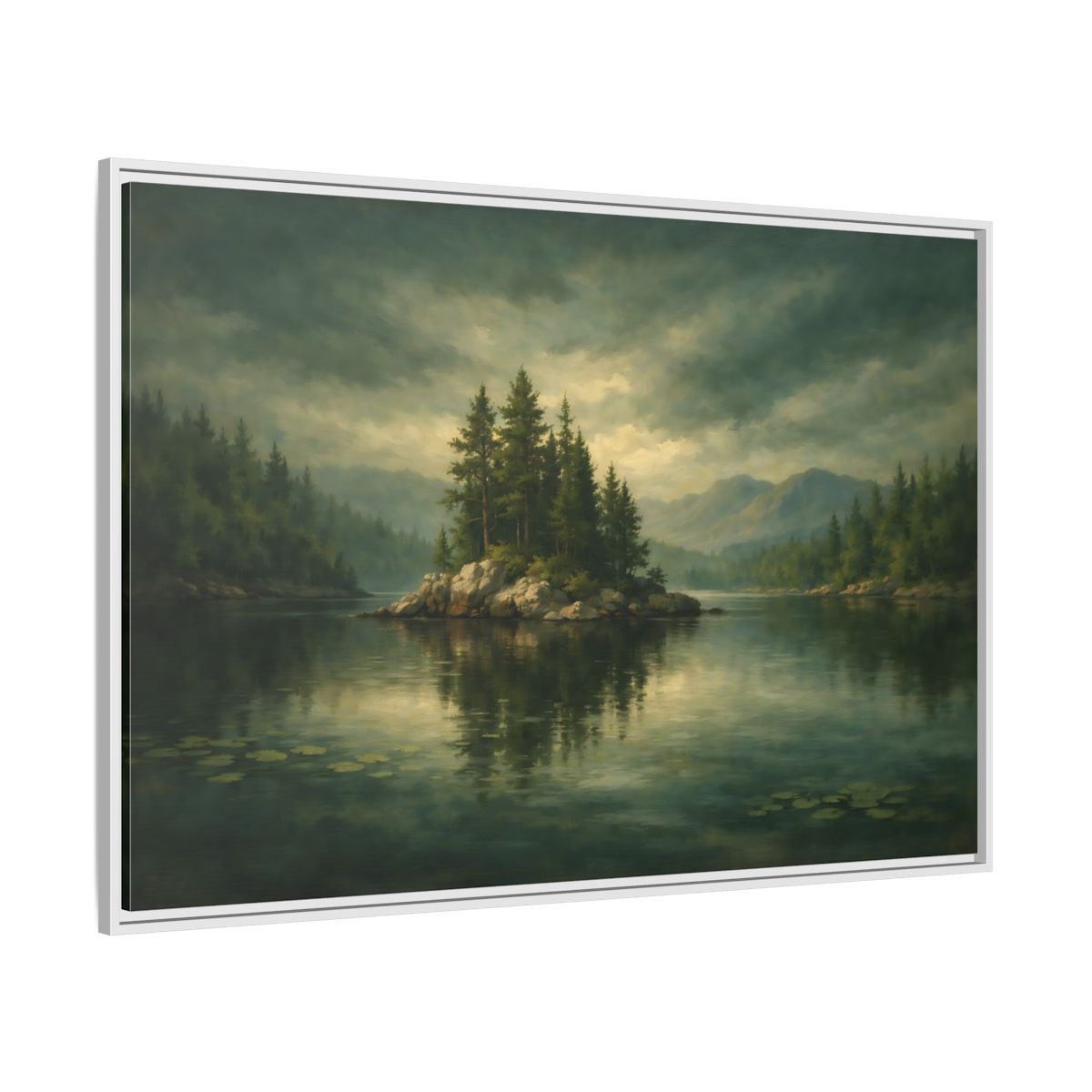 Side Mockup 7. Nature Pine Island Lake Island Green shown as stretched canvas wall art
